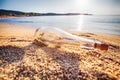 Help message bottle beach Royalty Free Stock Photo