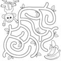 Help monkey find path to banana. Labyrinth. Maze game for kids. Black and white vector illustration for coloring book