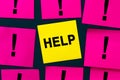 Help needed message asking for support, advice, assistance or helping hand to assist in a difficult situation. FAQ concept. Yellow