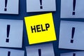 Help needed message asking for support, advice, assistance or helping hand to assist in a difficult situation. FAQ concept. Yellow Royalty Free Stock Photo