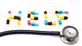 HELP pills letter with stethoscope