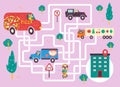 Help the pizza delivery car find the right path to the client. Color maze or labyrinth game for preschool children. Puzzle.