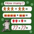 Children`s Christmas vector illustration with a math game. Count the mathematical examples, how many items Royalty Free Stock Photo