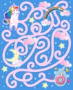 Help the rainbow unicorn find the way to the yummy donut. Color maze or labyrinth game for preschool kids. Puzzle. Tangled road