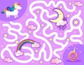 Help the rainbow unicorn find the way to the yummy donut. Color maze or labyrinth game for preschool kids. Puzzle. Tangled road