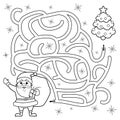 Help Santa Claus find path to christmas tree. Labyrinth. Maze game for kids. Black and white vector illustration for coloring book