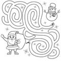 Help Santa Claus find path to snowman. Labyrinth. Maze game for kids. Black and white vector illustration for coloring book