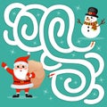 Help Santa Claus find path to snowman. Labyrinth. Maze game for kids