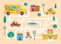 Help the school bus find the right path to the school. Color maze or labyrinth game for preschool children. Puzzle. Tangled road.