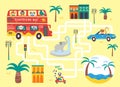 Help the sightseeing bus find the right path to the beach. Color maze or labyrinth game for preschool children. Puzzle. Tangled