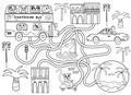 Help the sightseeing bus find the right path to the beach. Color maze or labyrinth game for preschool children. Puzzle. Tangled