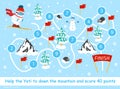 Help the Snow Yeti to down the mountain and score 40 points. Color elementary arithmetic maze game for children. Puzzle. Math