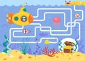 Help the submarine find the right way to the treasure. Color maze or labyrinth game for preschool children. Puzzle. Tangled road.