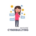 Help to stop cyberbullying concept with girl reading messages and comments in social networks. Children and adults bullying vector