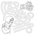 Help toddler snowman girl find the way to the gifts. Hand drawn coloring maze game