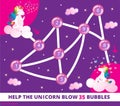 Help the unicorn blow 35 bubbles. Color elementary arithmetic maze game for children. Puzzle. Math summation tangled road with key Royalty Free Stock Photo