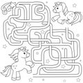 Help unicorn find path to friend. Labyrinth. Maze game for kids. Vector black and white illustration for coloring book