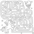 Help unicorn find path to ice cream. Labyrinth. Maze game for kids. Black and white vector illustration for coloring book