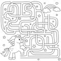 Help unicorn find path to rainbow. Labyrinth. Maze game for kids. Black and white vector illustration for coloring book