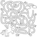 Help unicorn find path to rainbow. Labyrinth. Maze game for kids. Black and white vector illustration for coloring book
