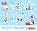 Help the Yeti collect all the lost penguins. Color maze or labyrinth game for preschool children. Puzzle. Tangled road with answer