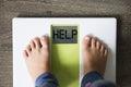 Help your child to have a healthy diet and lifestyle, with obese kid feet on weight scale, under the supervision of the mother Royalty Free Stock Photo