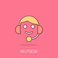 Helpdesk icon in comic style. Headphone cartoon vector illustration on isolated background. Chat operator splash effect business