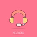 Helpdesk icon in comic style. Headphone cartoon vector illustration on isolated background. Chat operator splash effect business