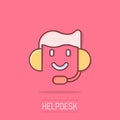 Helpdesk icon in comic style. Headphone cartoon vector illustration on isolated background. Chat operator splash effect business