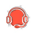 Helpdesk icon in comic style. Headphone cartoon vector illustration on white isolated background. Chat operator splash effect