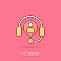 Helpdesk icon in comic style. Headphone cartoon vector illustration on white isolated background. Chat operator splash effect