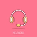 Helpdesk icon in comic style. Headphone cartoon vector illustration on white isolated background. Chat operator splash effect