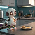 A helpful robot chef flips a pancake in a modern kitchen. Royalty Free Stock Photo