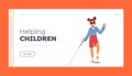 Helping Children Landing Page Template. Vision Disability, Eyes Disease, Blind Girl with Cane and Sunglasses