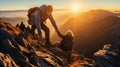 Helping each other, friend giving a helping hand while climbing up on the mountain rock. adventure travel concept of friendship Royalty Free Stock Photo