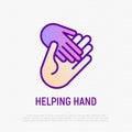 Helping hand: child hand in adult. Thin line icon. Modern vector illustration of adoption, charity or support