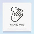 Helping hand: child hand in adult. Thin line icon. Modern vector illustration of adoption, charity or support