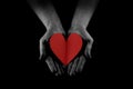 Helping Hand Concept, Man`s Hands Palms Up Holding A Red Heart, Giving Love, Care And Support, Reaching Out