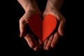 Helping Hand Concept, Man`s Hands Palms Up Holding A Red Heart, Giving Love, Reaching Out