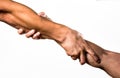 Helping hand concept, support. Helping hand outstretched, isolated arm, salvation. Close up help hand. Two hands