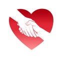 Helping hand and heart. Gesture, sign of help and hope concept. Two hands taking each other. Isolated vector line