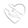 Helping hand and heart. Gesture, sign of help and hope concept. Two hands taking each other. Isolated vector line