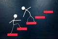 Helping hand, support and teamwork concept. Two human stick figures climbing a red ladder. Royalty Free Stock Photo