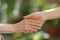 Young caregiver holding seniors hands. Helping hands, care for the elderly concept Royalty Free Stock Photo