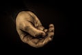 Helping hands concept, Man`s hands palms up holding money coins, need care and support, reaching out, aged photo amber Royalty Free Stock Photo