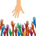 Helping hands of different colors, human solidarity concept