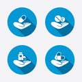 Helping hands icons. Medical health insurance Royalty Free Stock Photo