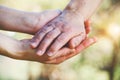 Helping hands, rehabilitation, hospice and nursing home care, service, elderly people care concept Royalty Free Stock Photo