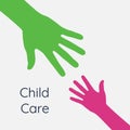 Helping hands. Support and care for children. Hands of adult and child. Vector illustration