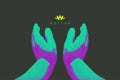 Helping and proctecting hands. Technologies of the future. Connection structure. 3D vector illustration for advertising, marketing